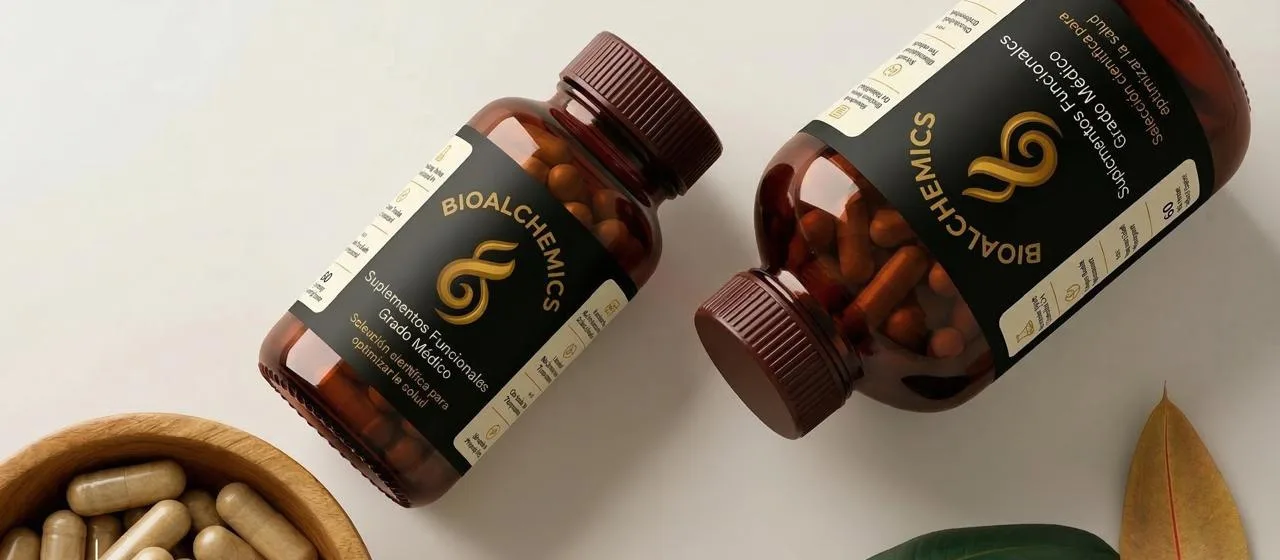 Frascos ámbar Bioalchemics junto a un cuenco de cápsulas