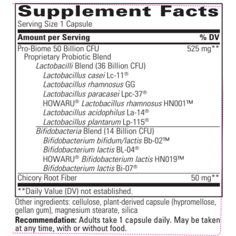 Tabla nutricional (Supplement Facts) de Pro-Biome 50 Billion