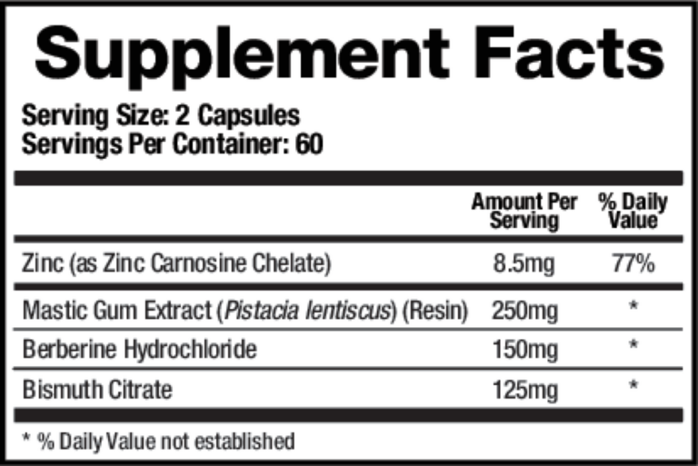 Tabla nutricional (Supplement Facts) de Pylori-X