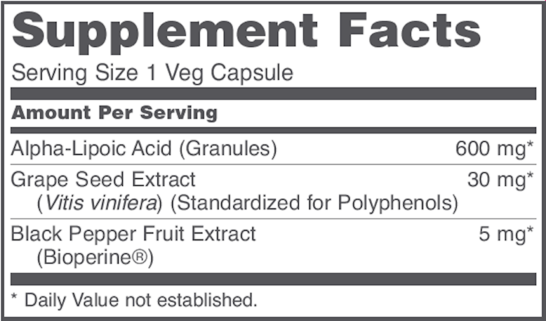 Tabla nutricional (Supplement Facts) de Alpha Lipoic Acid 600mg