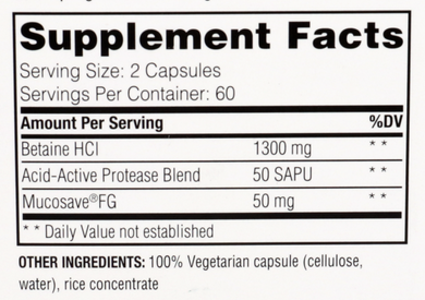 Tabla nutricional (Supplement Facts) de Betaine HCl con MucoSave®