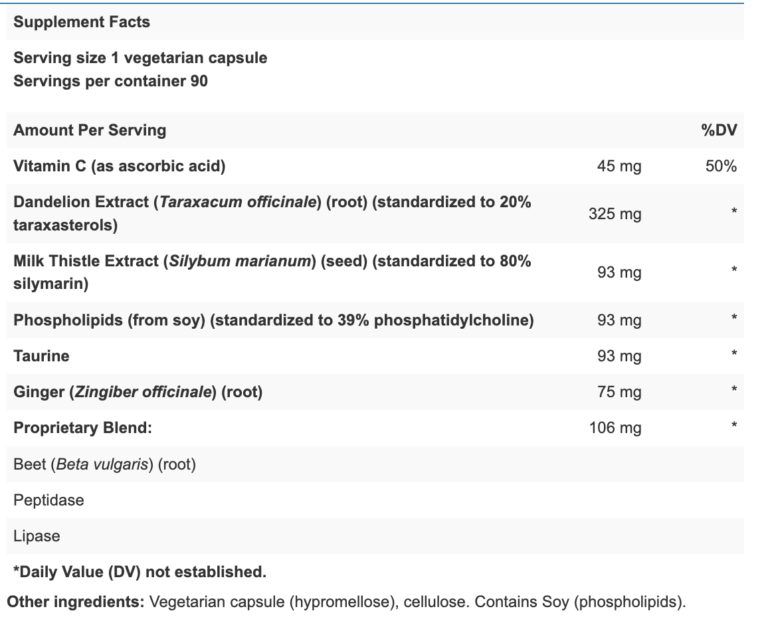 Tabla nutricional (Supplement Facts) de BileMin TM
