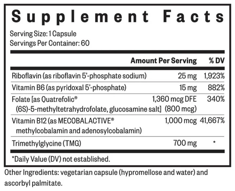 Tabla nutricional (Supplement Facts) de Homocysteine Nutrients