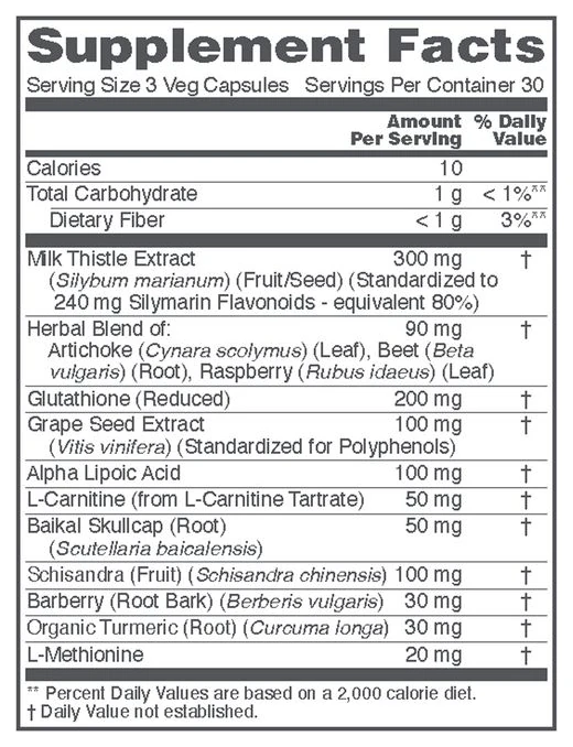 Tabla nutricional (Supplement Facts) de Liver Detox Support