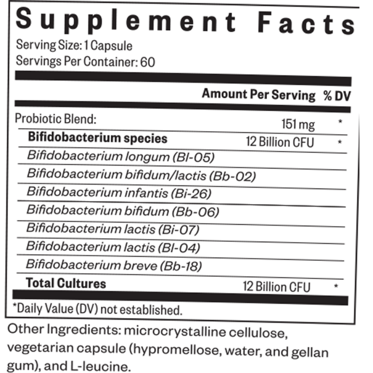 Tabla nutricional (Supplement Facts) de Probiota Bifidobacterium