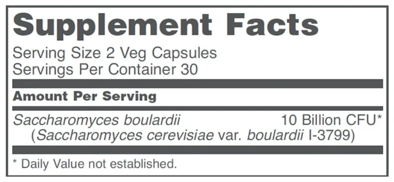 Tabla nutricional (Supplement Facts) de Saccharomyces Boulardii